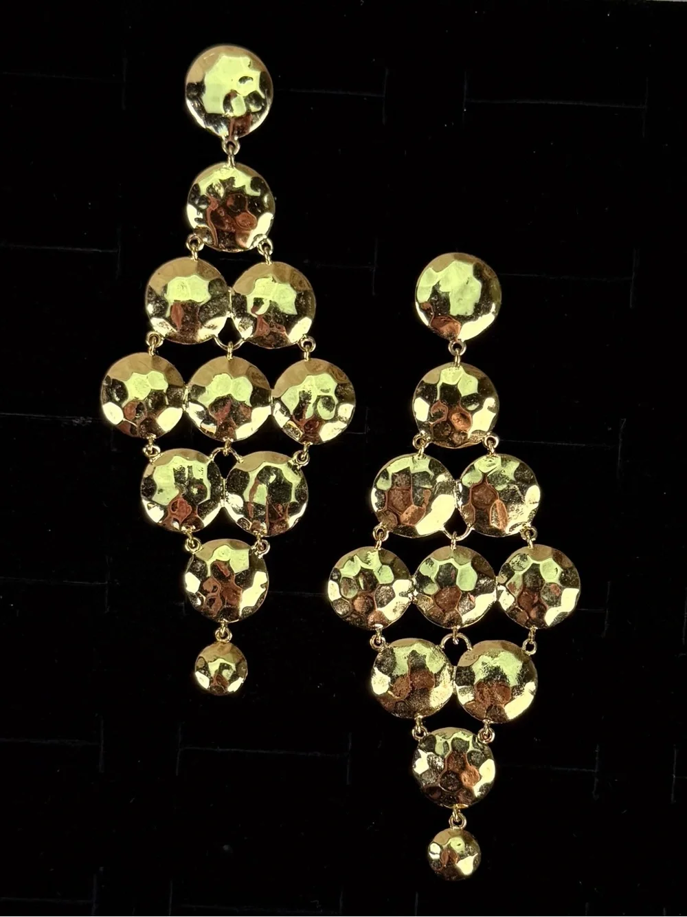 Stunning Weighted Hammered Goldtone Disc Chandelier Pierced Earrings